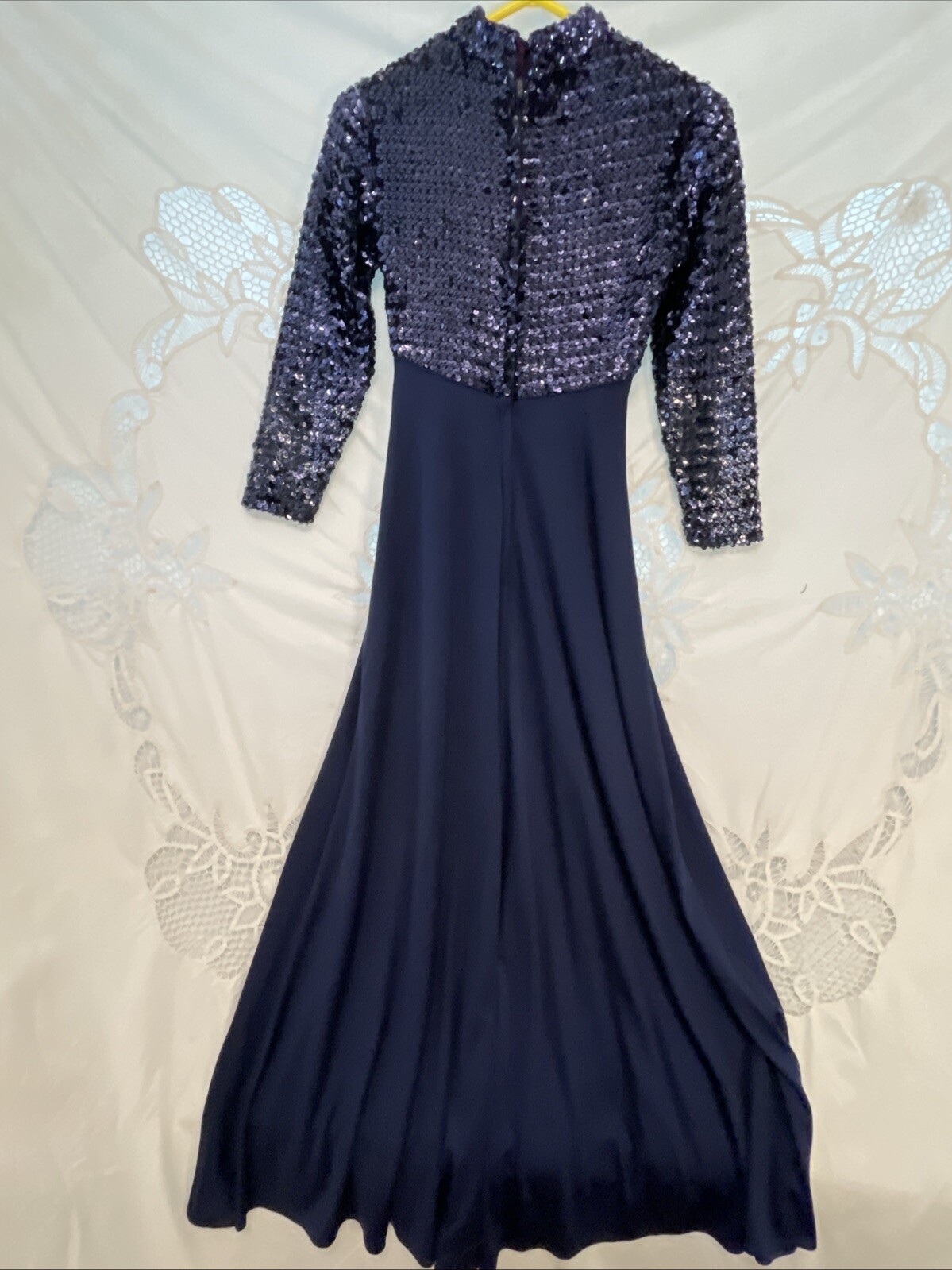 Vintage 60s 70s Blue Sequined Empire Waist Maxi Dress 34″B 53″L 27″W S XS