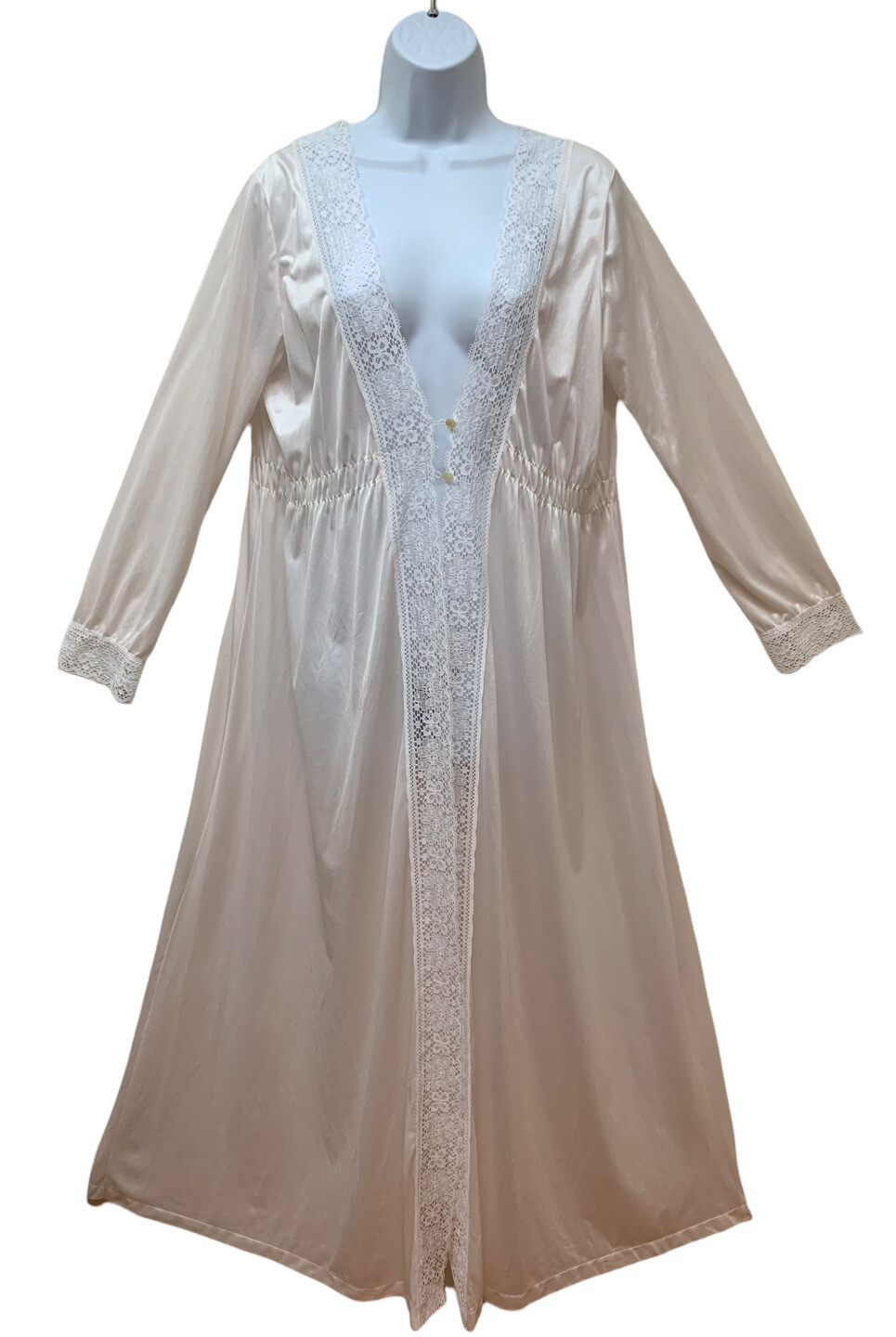 Vintage Pale Pink Lace Silky Satin Nylon Lace Sweep Peignoir Robe Fit L