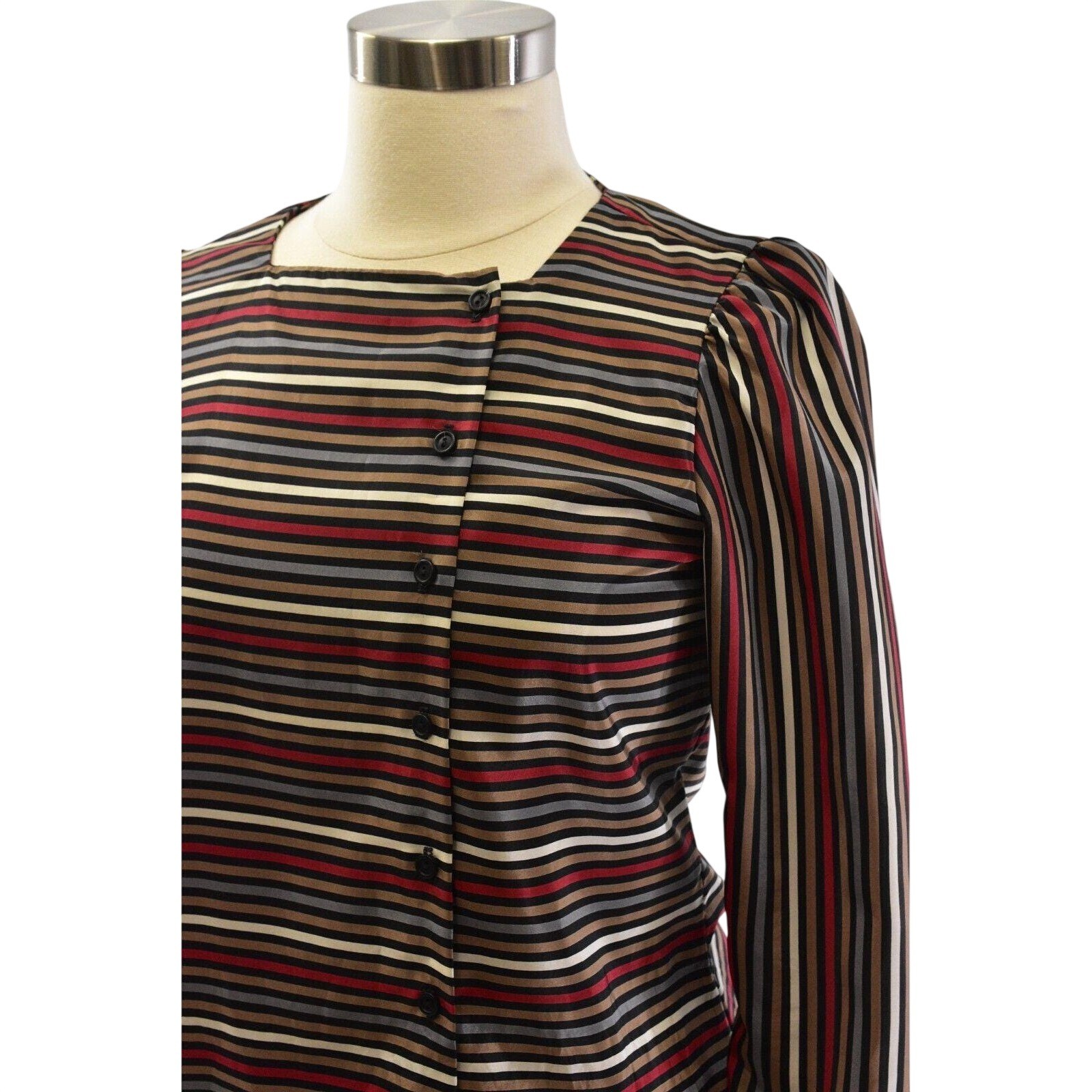 70s Vintage Square Neck Asymmetrical Blouse Satin Brown Striped Mod Secretary M