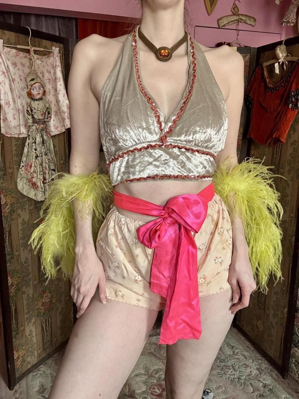 1970s Grey Velvet Halter Costume Top with Beaded Trim, Size M-L