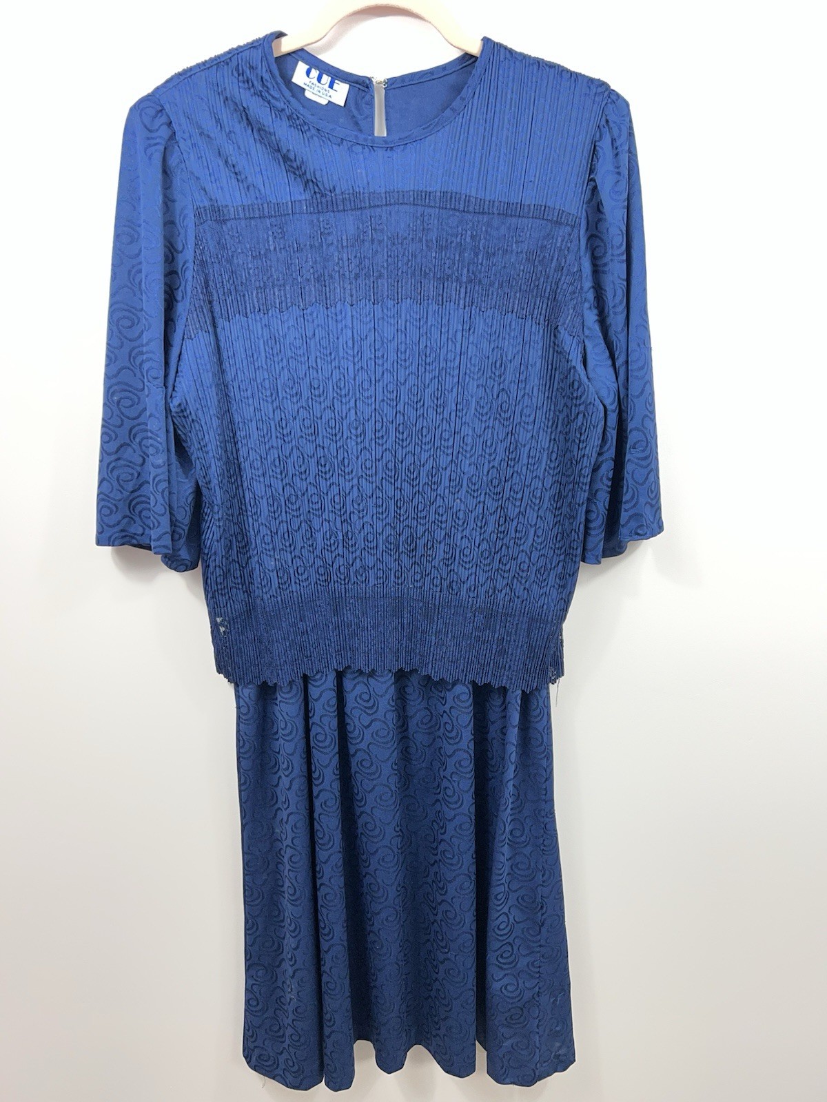 Cue Fashions Vintage Navy Pleated Lace Trim Midi Dress 18W Made in USA