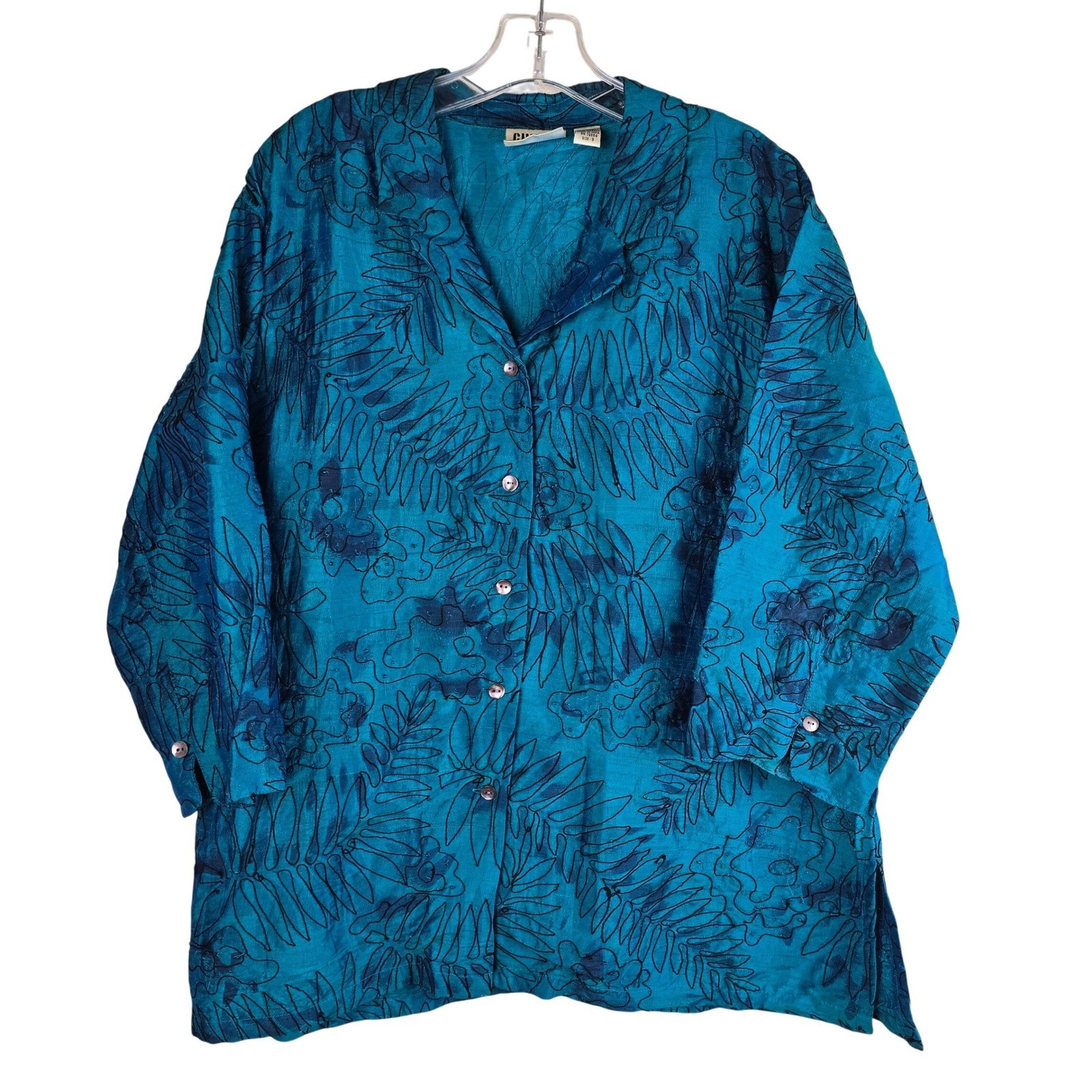 Vintage Chico’s Design 100% Silk Beaded Floral Shirt Teal Blue Boho Size 3