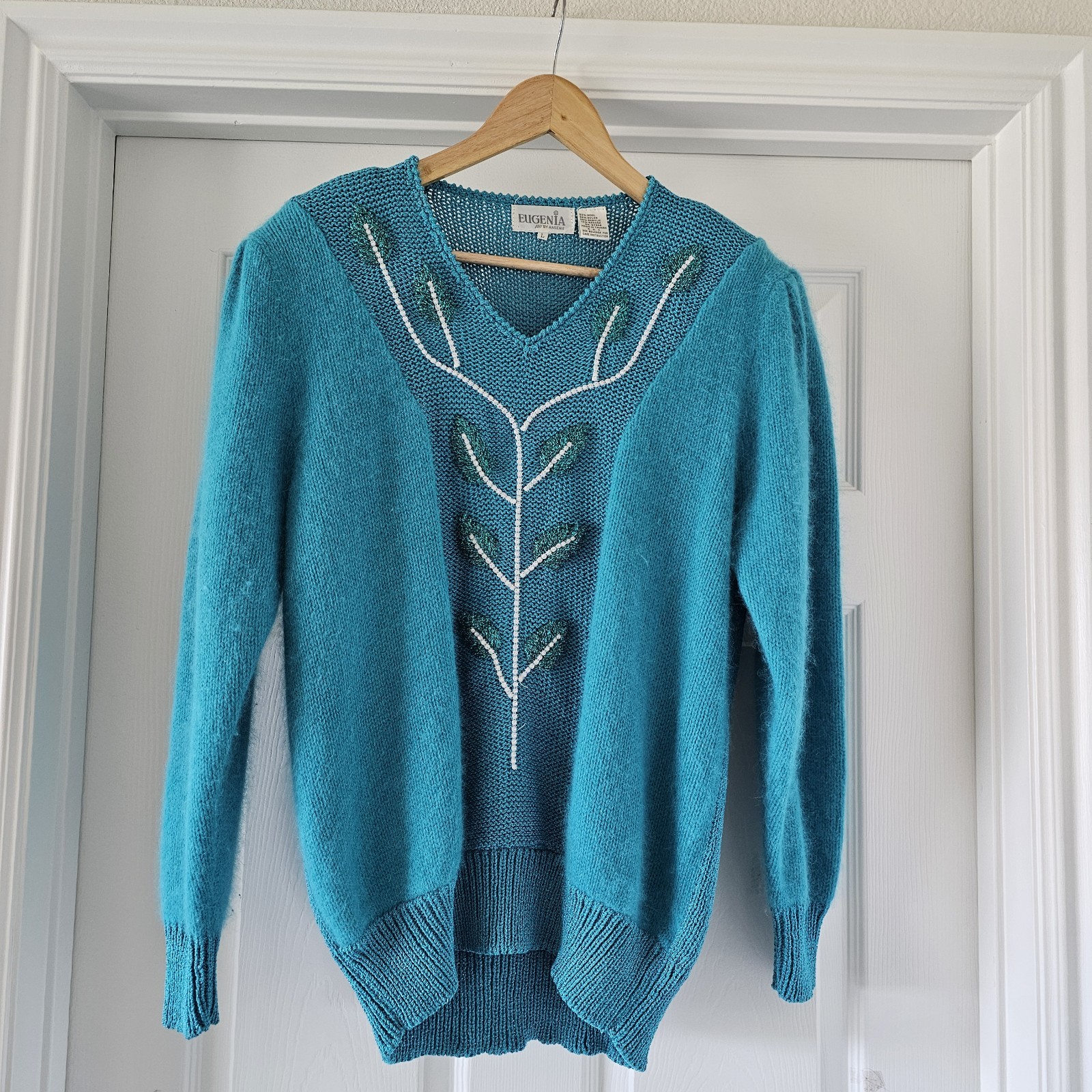 1980s 1990s Vintage Knit Turquoise Angora Sweater Eugenia By Angenie Vneck #97