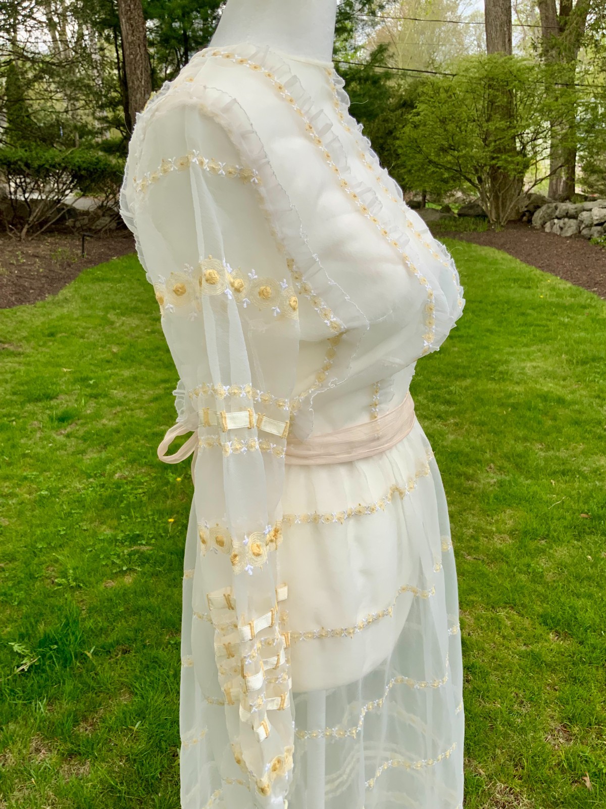 1970s Sheer Romantic Bridal Dress | Edwardian Revival Ivory with Ribbon