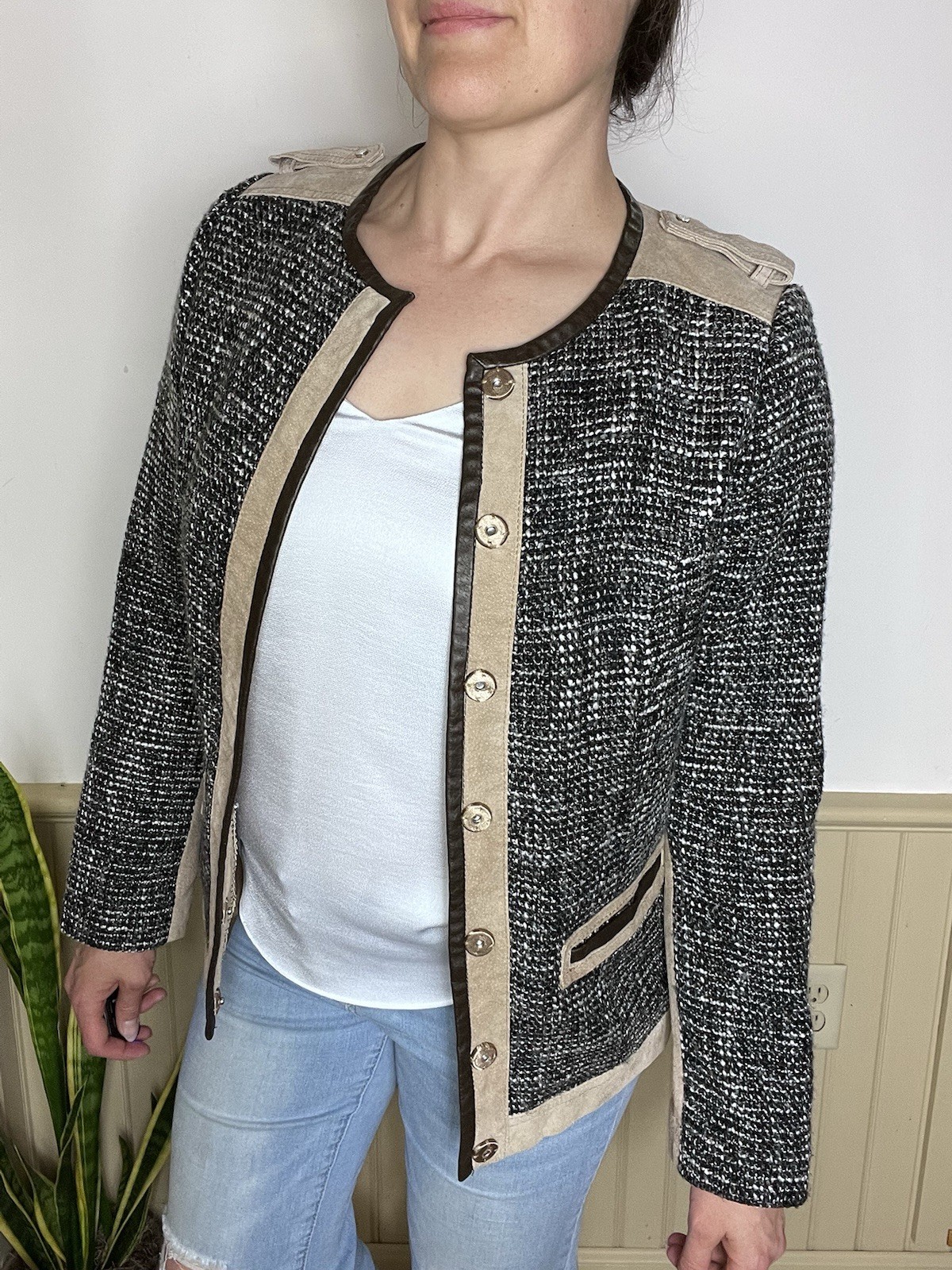 Bradley Bayou Vintage Gray Tweed Tan Leather Varsity Jacket Women’s Size S