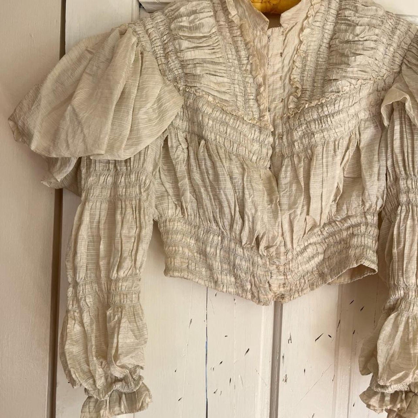 Antique Victorian Mint Green Cream Stripe Silk Ruched Puff Sleeve Bodice XXS