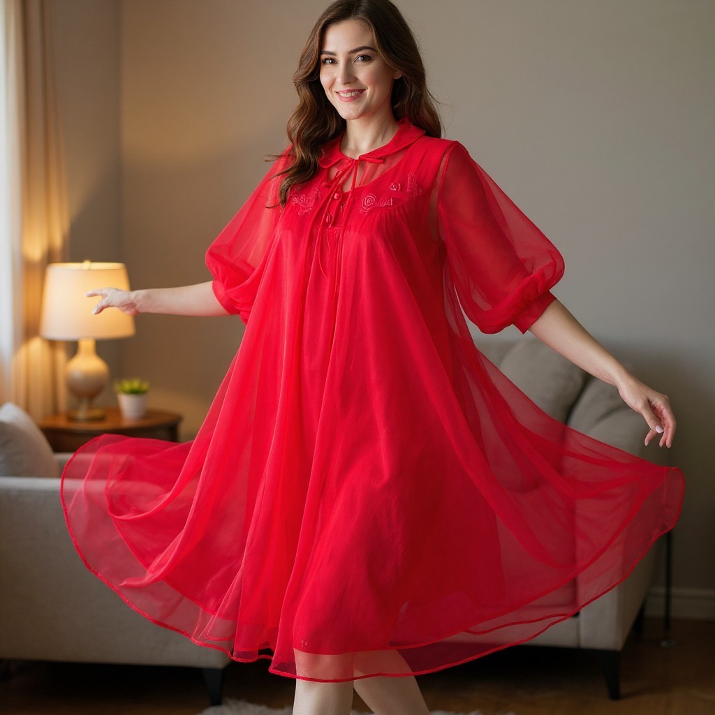 VTG Pandora by Chic Peignoir Negligee Robe & Nightgown Medium Nylon Red 2 Pc Set