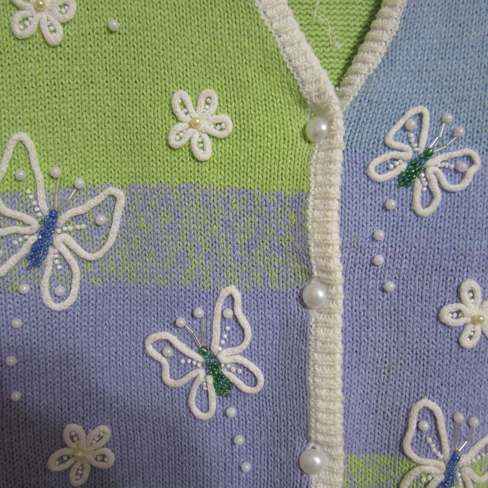 Vintage Mandal Bay Knit Vest Size Med Butterflies with Beads Green/Blue/Purple