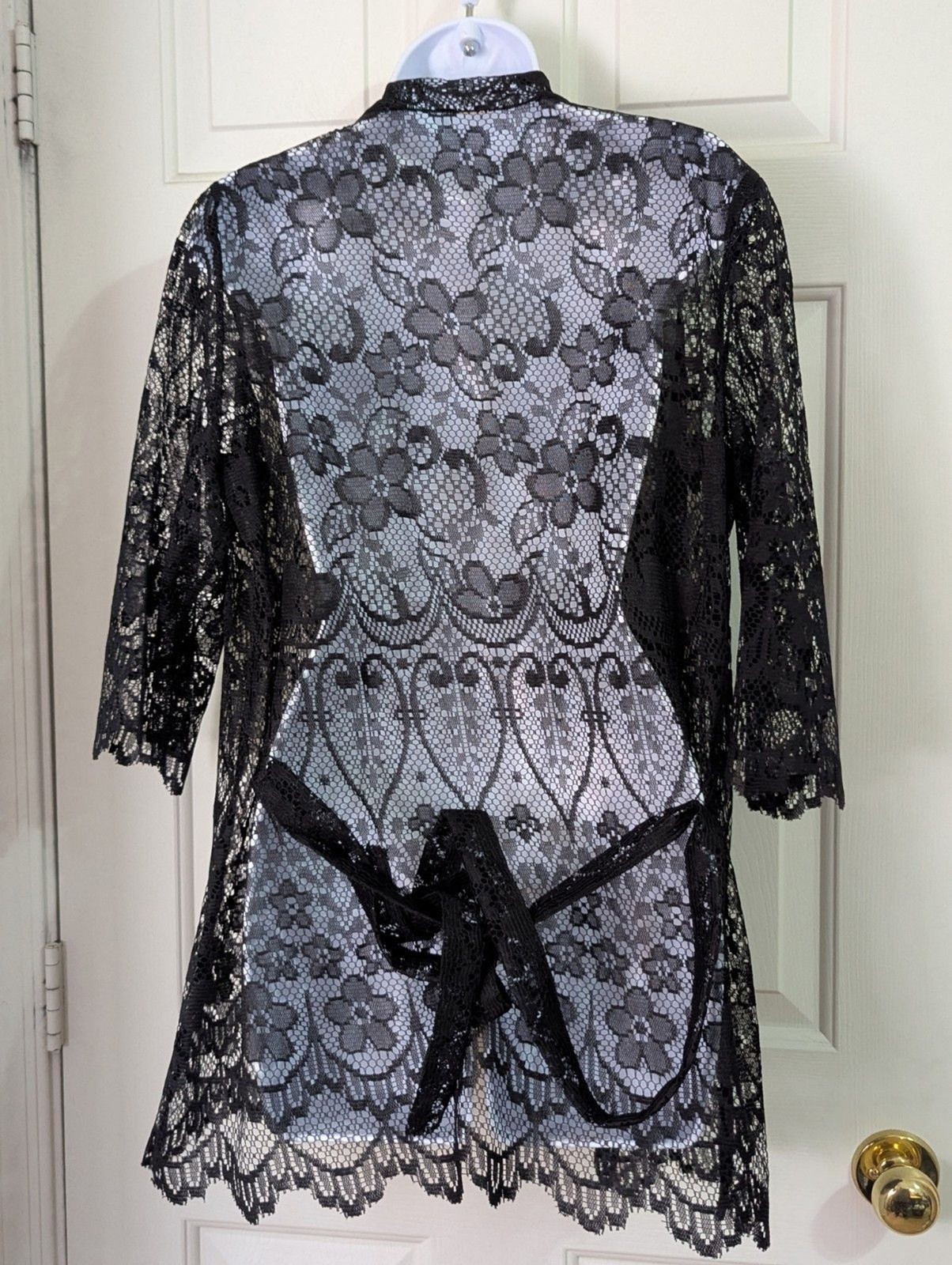 VTG Lace Duster Robe Cover Up Womens Large Black Tie Belt Lightweight Sexy Sheer