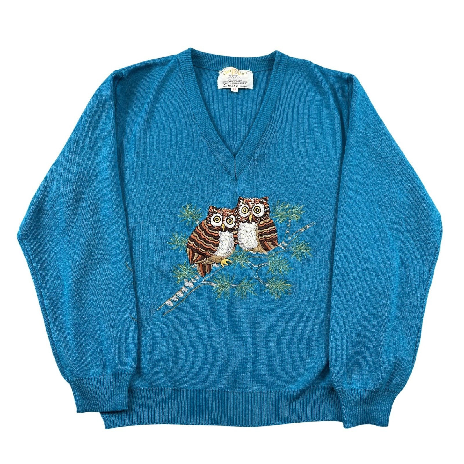 VTG 70s Cyn Les Owls Sweater Womens Large Whos Whoooo VNeck