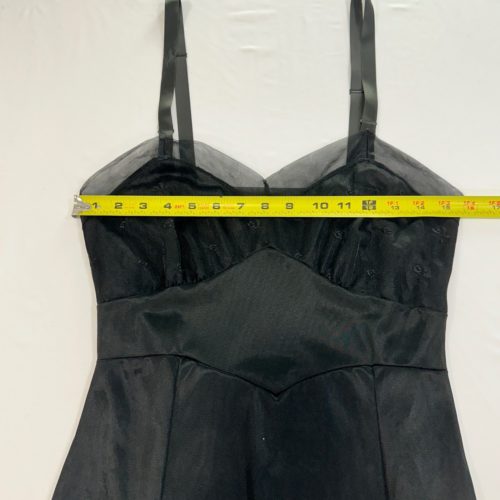 Vintage ILGWU Mesh Bodice Full Slip Women 32M Black Floral Embroidery | Coquette