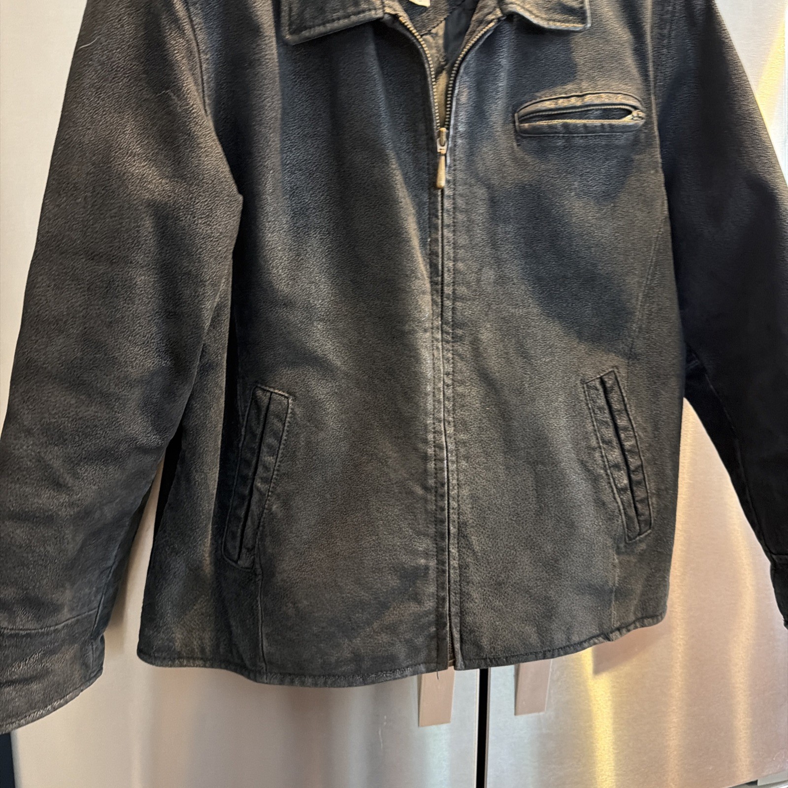 90s Kathy Ireland Black SUEDE Leather Zip Up Moto Biker Jacket Pockets Women’s L
