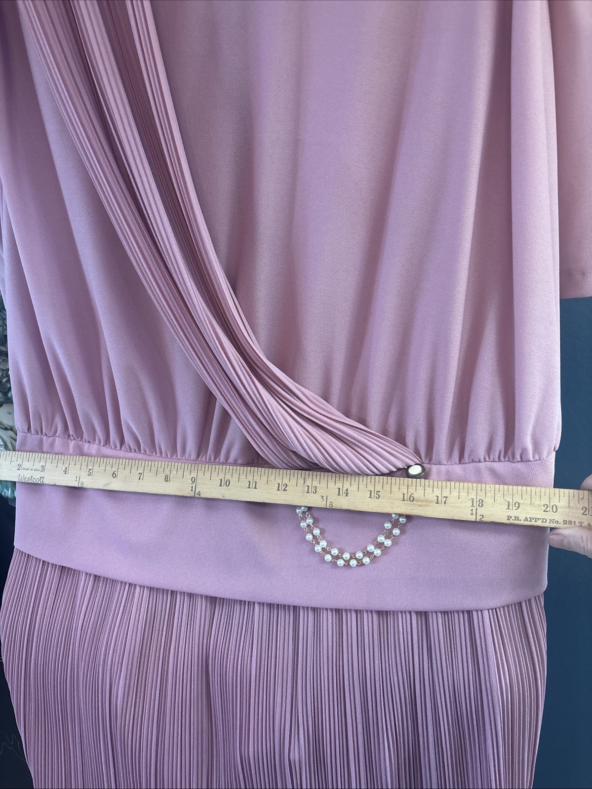 WOMENS VINTAGE SIZE 9-10 MAUVE PINK ROSE PLEATED 3/4 SLEEVE DROP WAIST DRESS