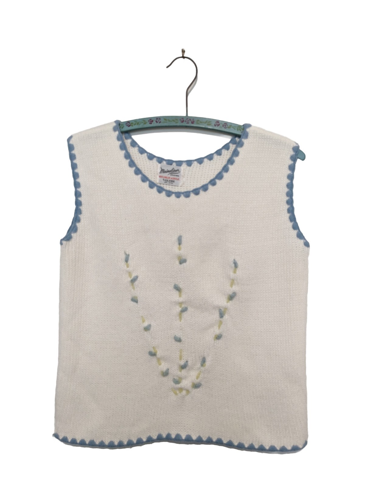 Maineliner 50s White Sweater Vest Blue Embroidered Trim S Acrylic