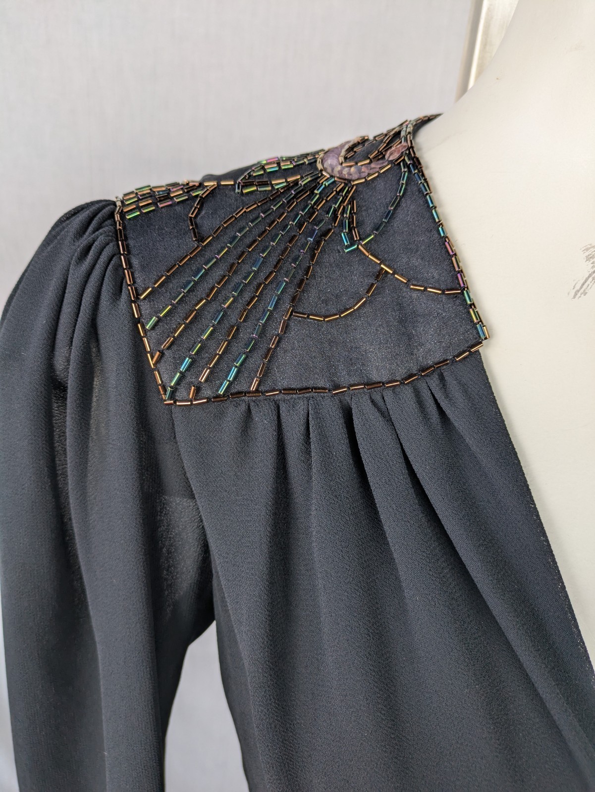 Vintage 80s Casadei Dress Black Hi Lo Hem Ruched Beaded Shoulders Sz 6
