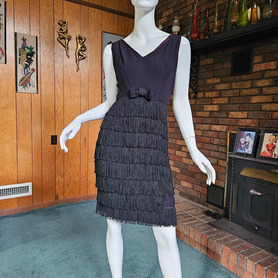 Vtg 60s Mod Charleston Go Dancer Fringe Cocktail Party Club Flapper Dress XS/S