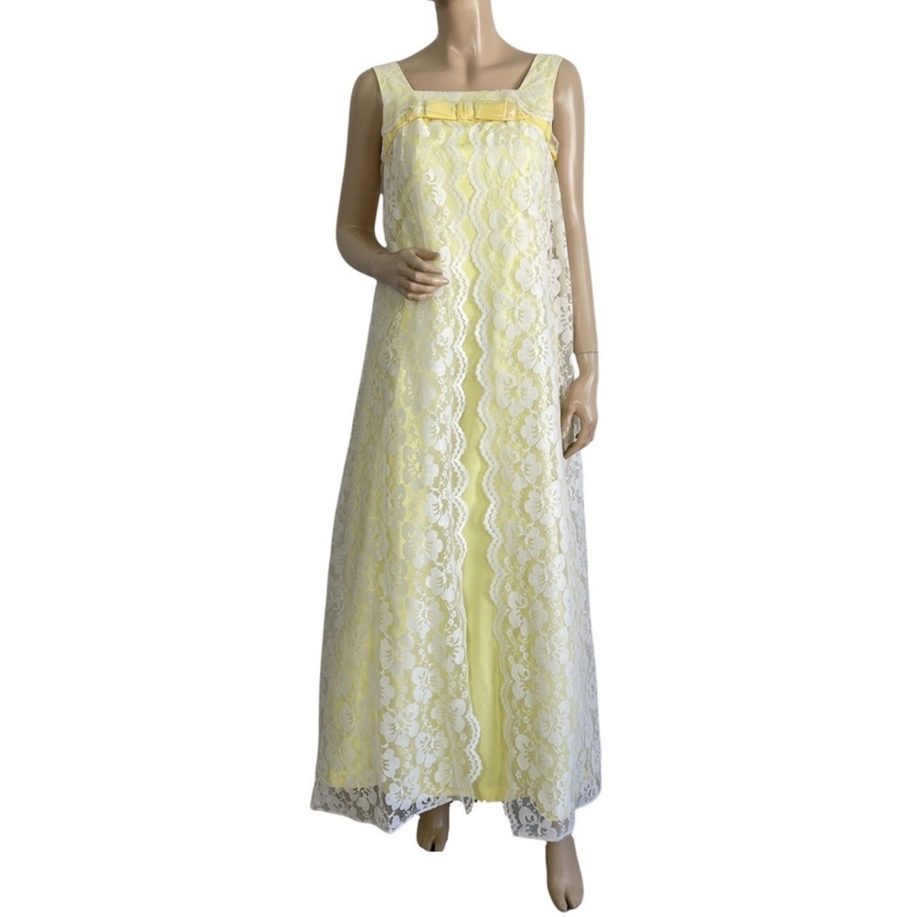 Vintage Victorian Yellow & White Lace Cape Style A-line Maxi Princess Dress