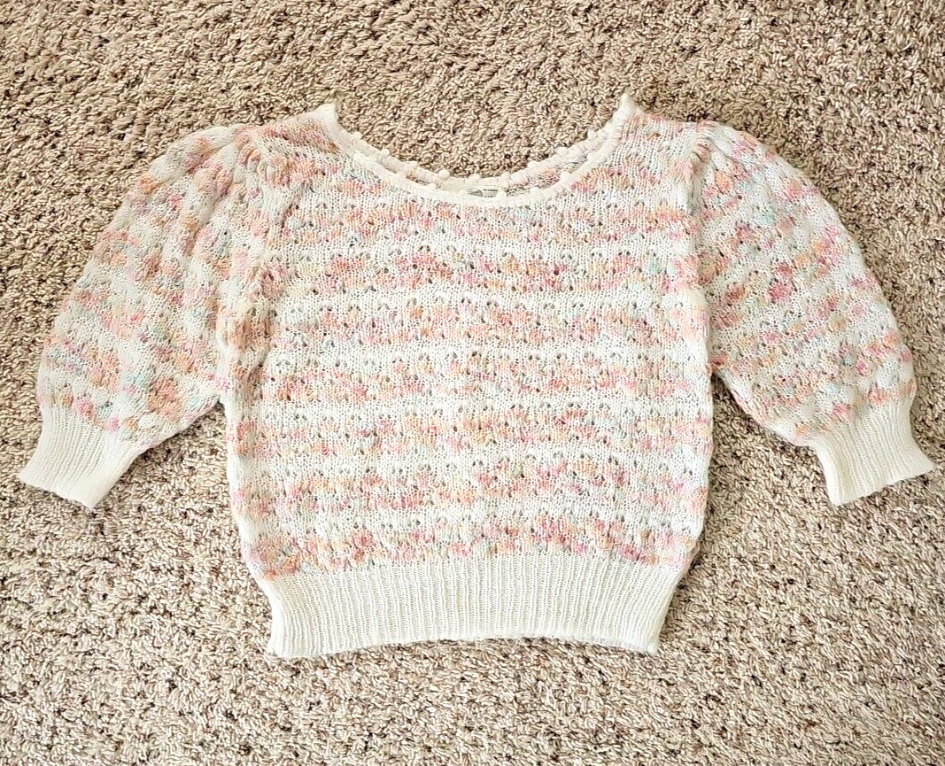 Vintage Womens Open Knit Sweater Large Feminine Coquette Pastels Puff Sleeves