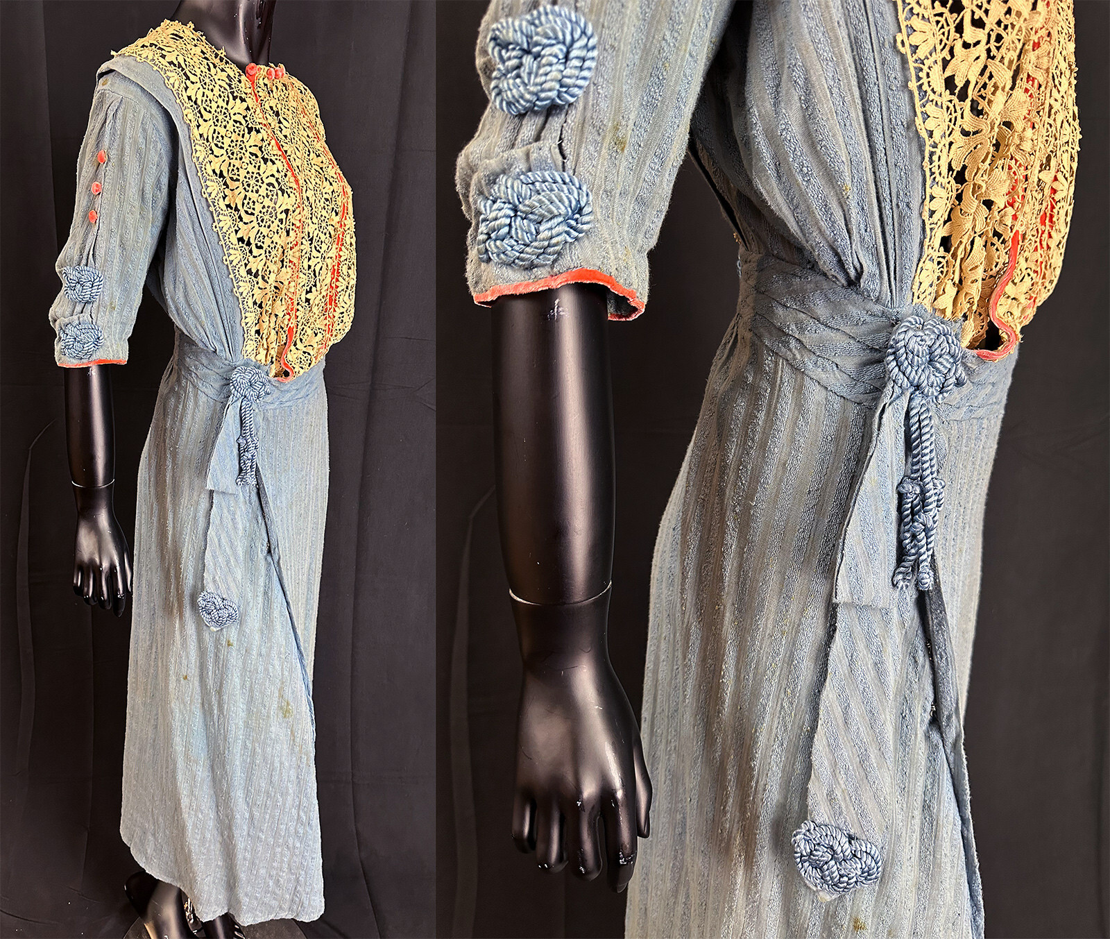 Edwardian Titanic Era Blue Striped Cotton Ivory Lace Pink Velvet Trim Dress VTG