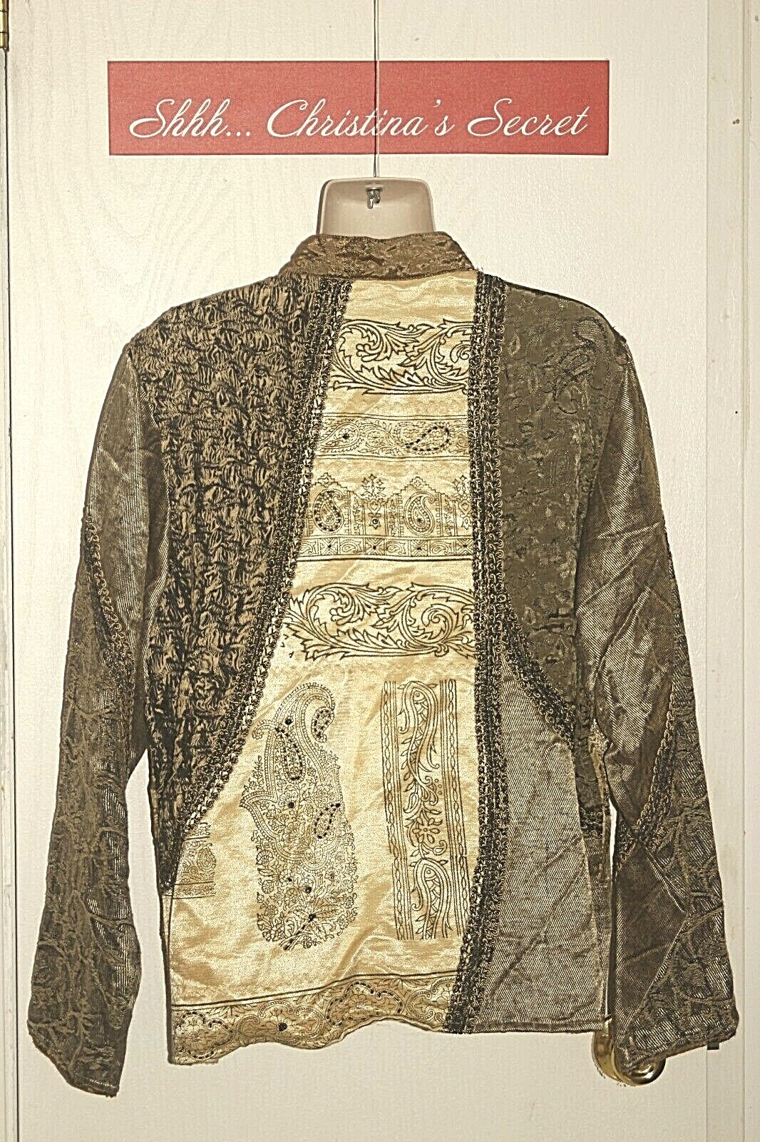 VINTAGE FLASHBACK Jacket Beige Black Boho Patchwork Jacquard Embellished Sz M