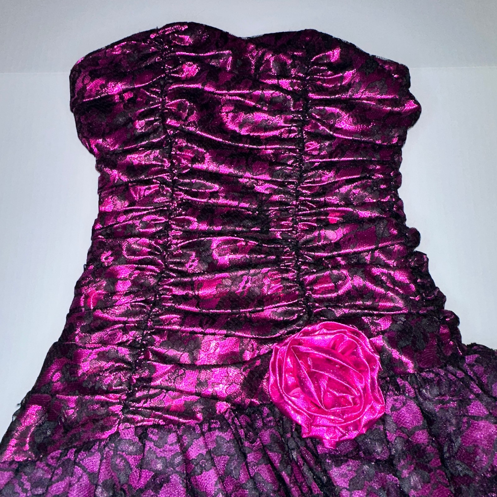 VTG Night Moves Prom Dress Sz 5/6 Fuchsia Pink Metallic Black Lace asymmetrical