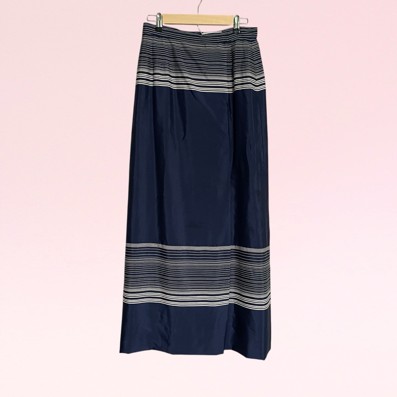 vintage 70s Malcolm Starr navy blue white striped wrap maxi skirt S/M flawed
