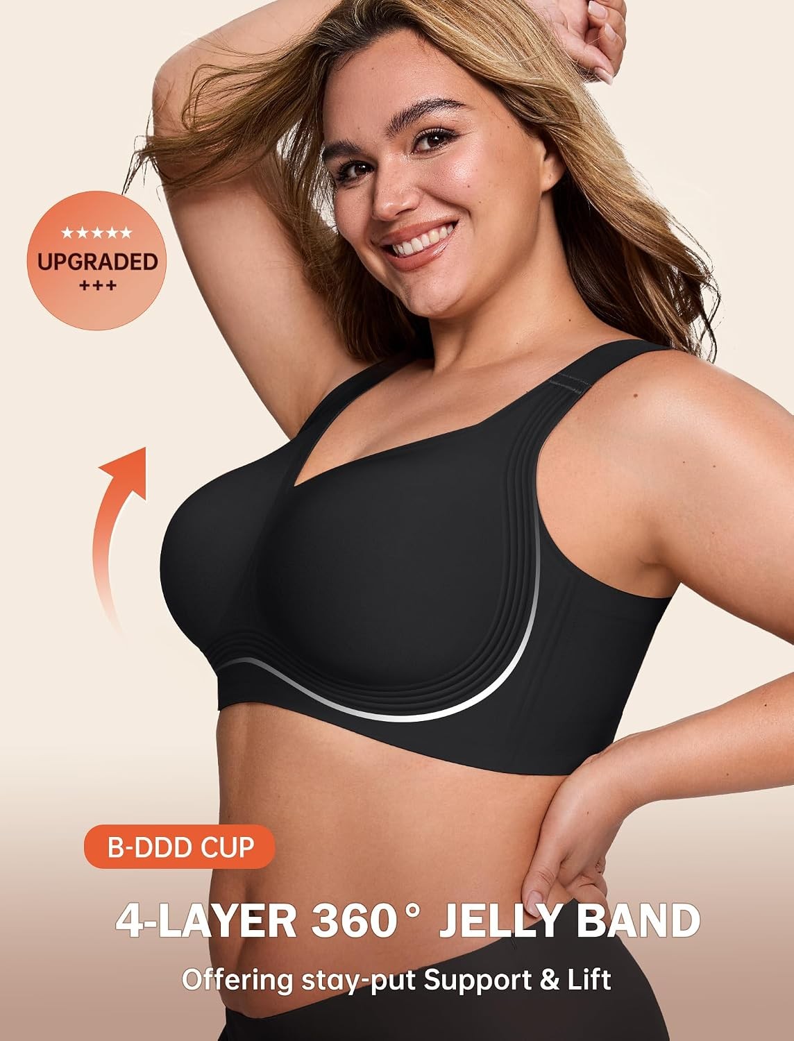 Black Wireless Jelly Bra for Women, Full Coverage Push Up Support, All Size