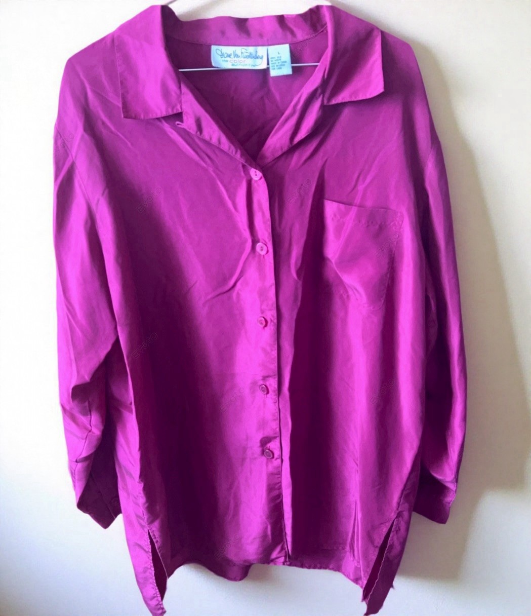 Vintage DVF Pink Button Down Silk Blouse. Large