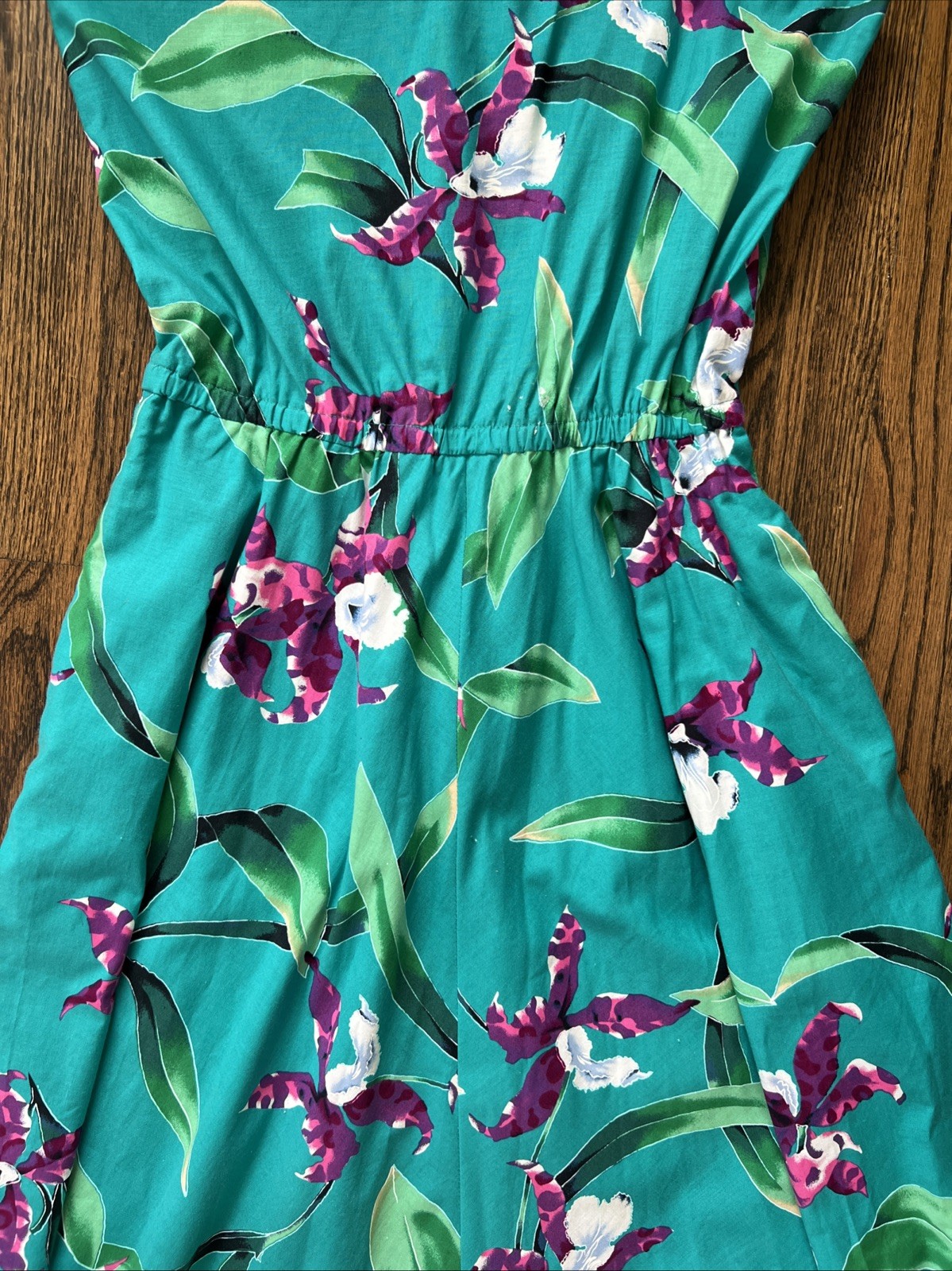 1980s Handmade One Shoulder Hawaiian Dress Teal W/Purple Orchid Flowers Size Sm