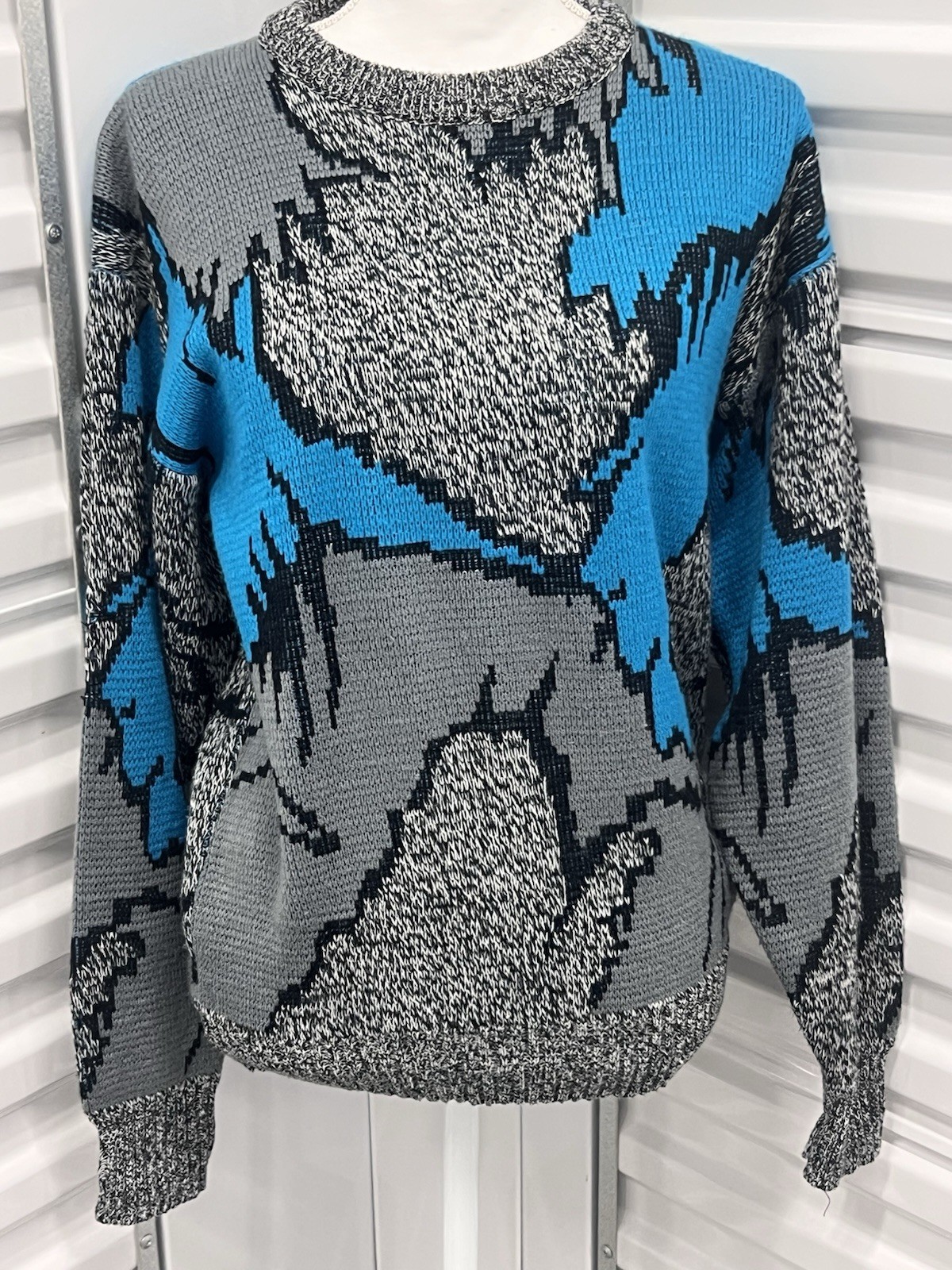 Vintage 80s 90s Cosby Style Frontline Sweater Teal Blue Chunky Knit Retro