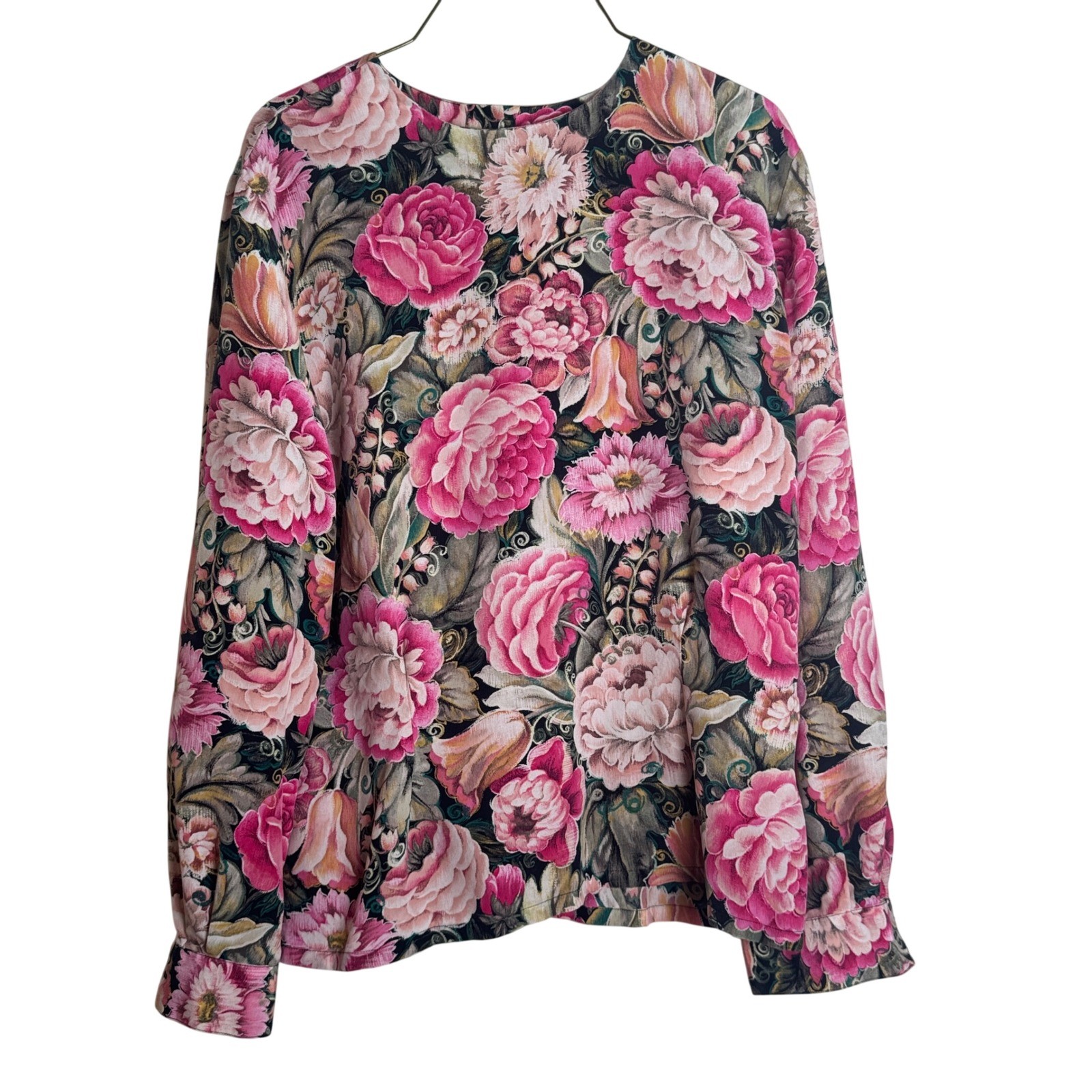 Dana Buchman 100% Silk Floral Blouse Pink Green Black Vintage 90s Size 14