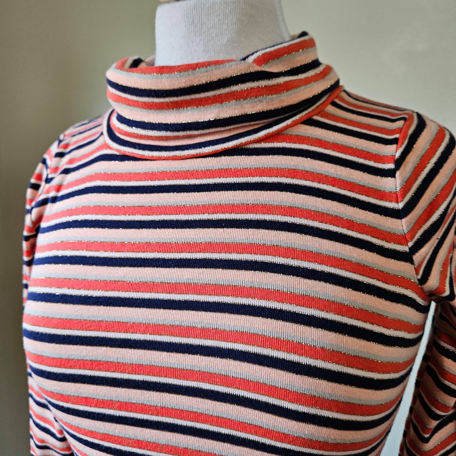 Vintage 70s Designers Originals Orange Navy Metallic Striped Knit Turtleneck Top