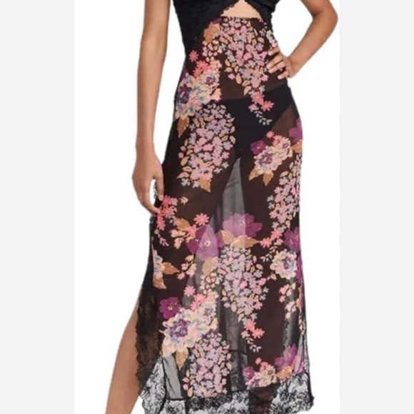 Y2K Slip Maxi Dress Floral Print Cutout Sweetheart Neck Backless Slit Medium 90s