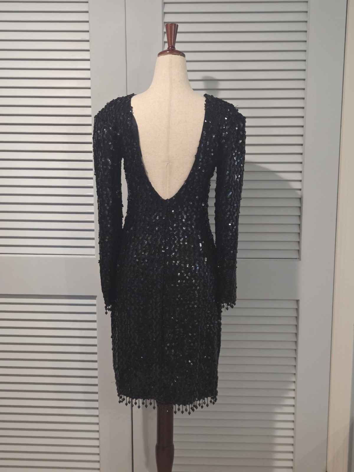 Glenrob Black Sequin Beaded Fringe Hem Long Sleeve Vintage Dress