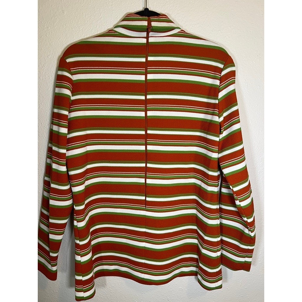 Vintage Mock Turtleneck Top M Striped 1970s Zip Ribbed Knit Poly Orange Green