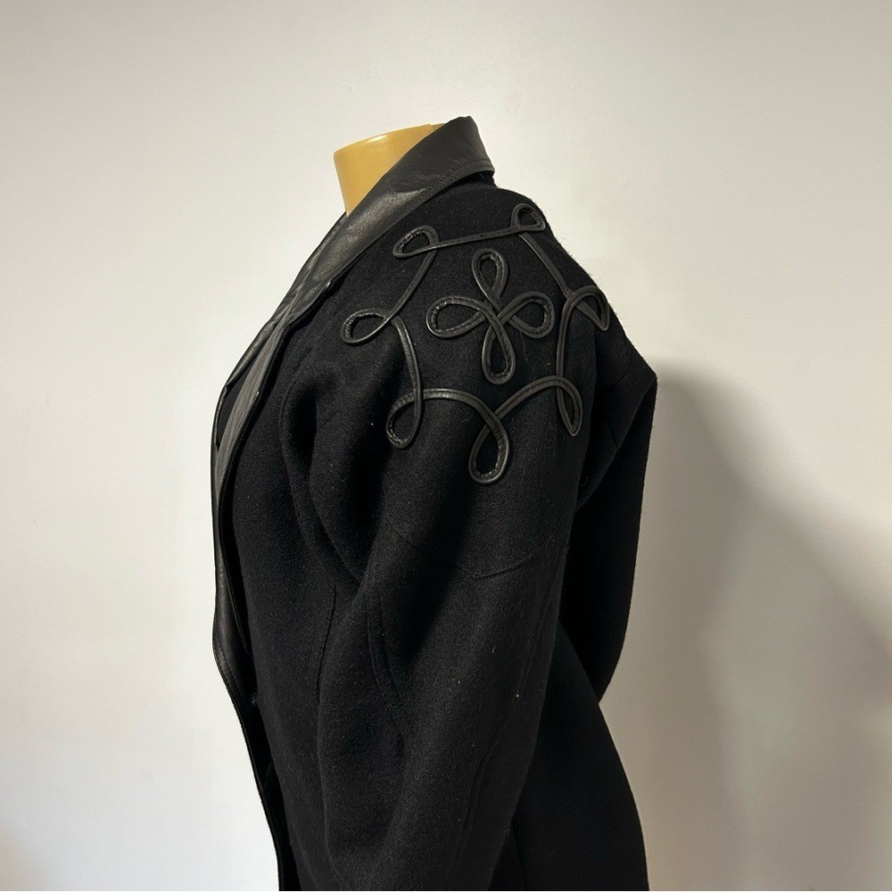 David Benjamin Collection Black Wool Leather Trim Soutache Shoulder Coat Large