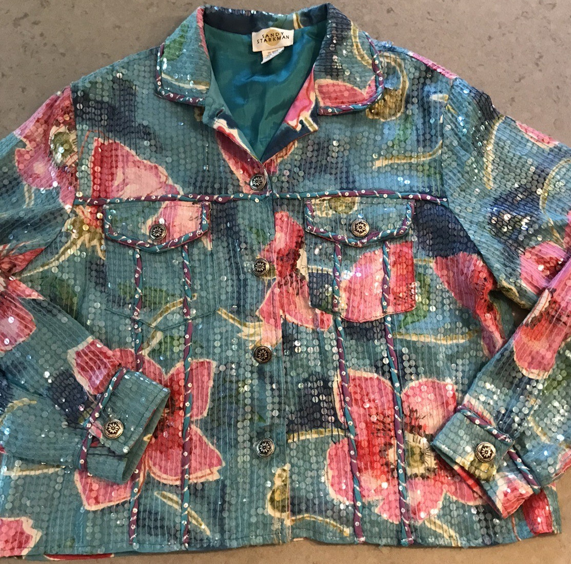 Vintage Sandy Starkman Sequin Jacket Women’s L Floral Print Turquoise Pink