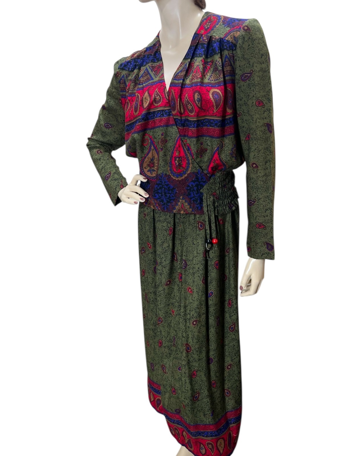 Vtg 80s Sz 8 M Act I 2 Pc Outfit Wrap Top Skirt Paisley Rayon