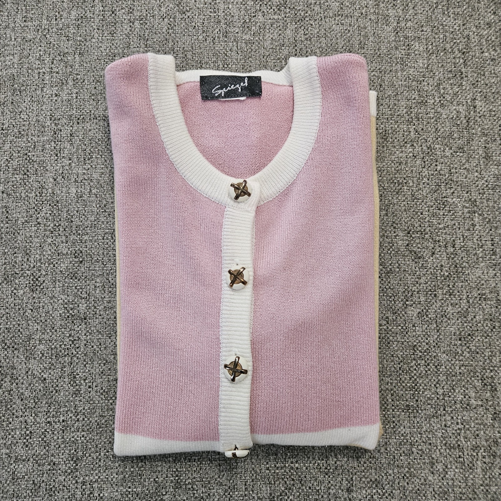 Vintage 80s Spiegel Colorblock Cardigan Sweater Pink Yellow Creme Large Granny