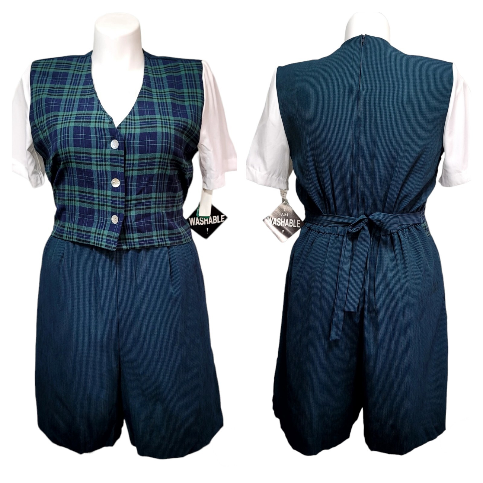 Vintage 90s Miss Dorby Womens 14 Hunter Green Plaid Romper Tie Back Academia NOS