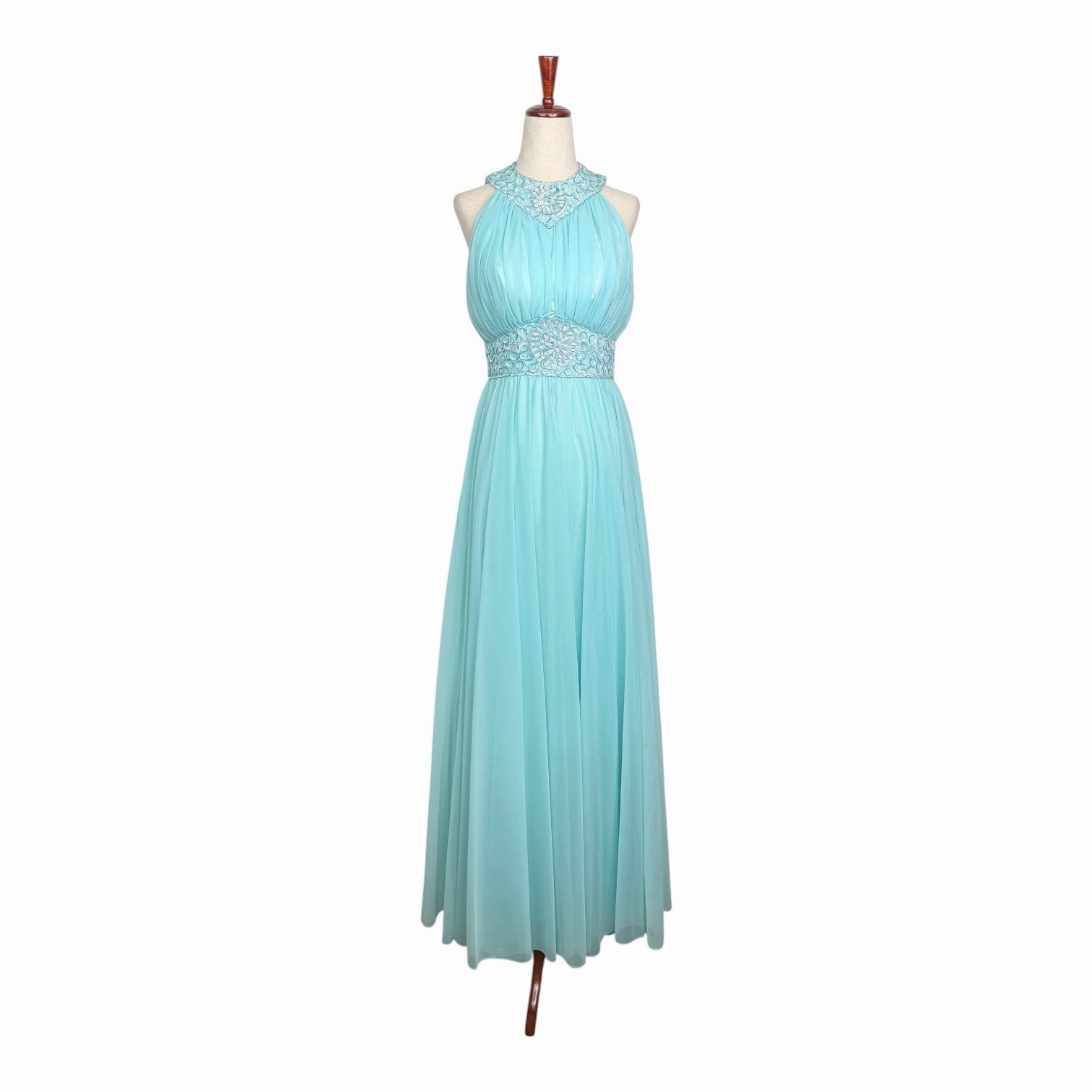 Vintage 60s Mike Benet Sequin Beaded Blue Chiffon Halter Evening Gown Dress XS