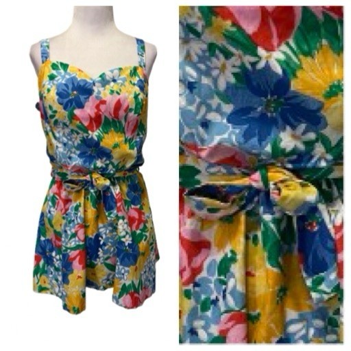 VTG vibrant Floral Print Sleeveless Dress/ Romper 50s/60s Sz L