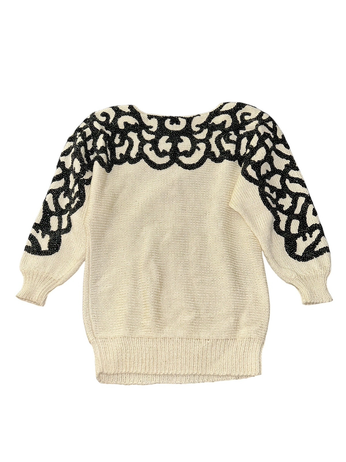 Vtg 80s Nannell Sequins Appliqué Embellished Knit Sweater Size S/M Black Ivory