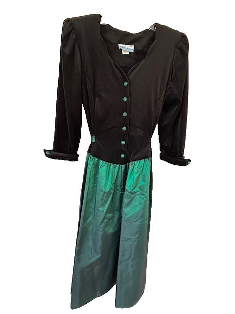 Just Ducky Vtg Dress Sz12-13 Black Velvet Emerald Green Taffeta Buttons Ties
