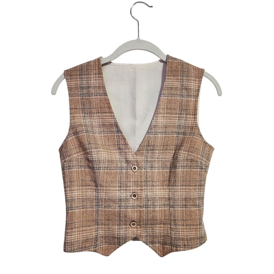 VINTAGE Plaid Button Front Vest Academia Preppy librariancore waistcoat tan grey