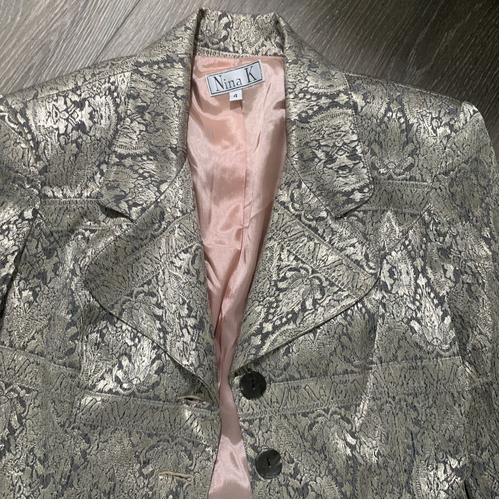Vintage Nina K Silver Rayon Brocade Blazer Jacket Sz 4