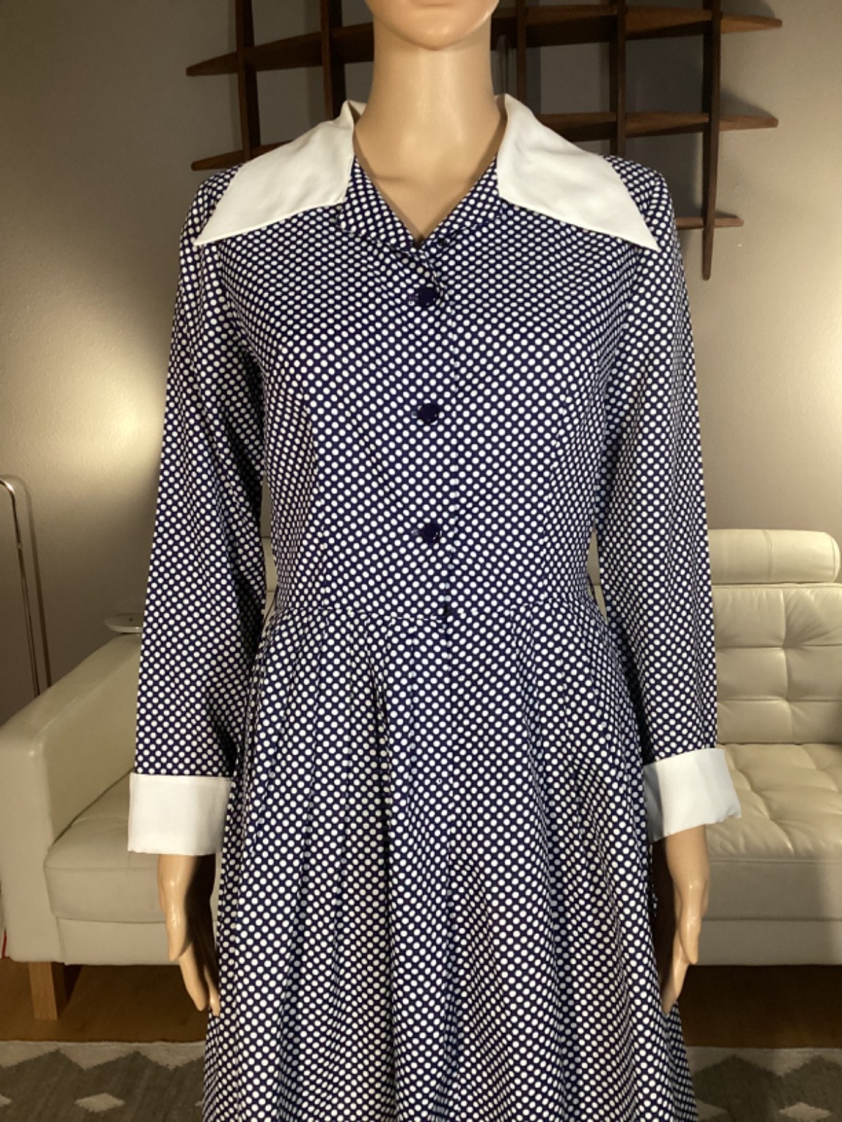 Vintage 70s Aldens Fashions Blue White Polka Dot Dagger Collar Fit & Flare Dress