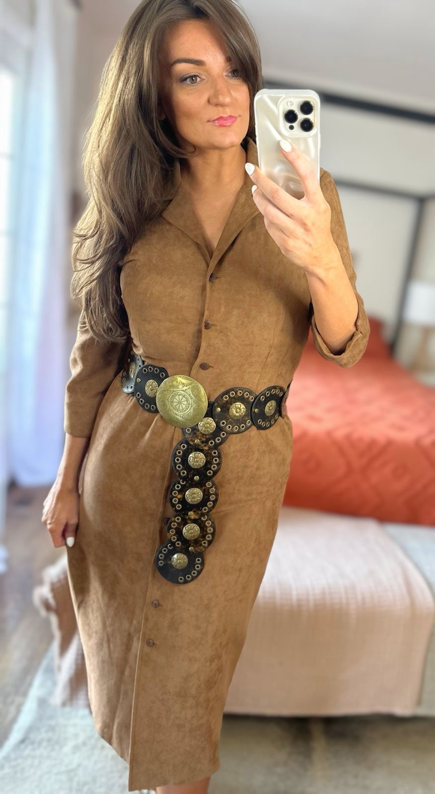 Vintage 90’s Size 8 Brown Suede Button Up Collar Midi Dress