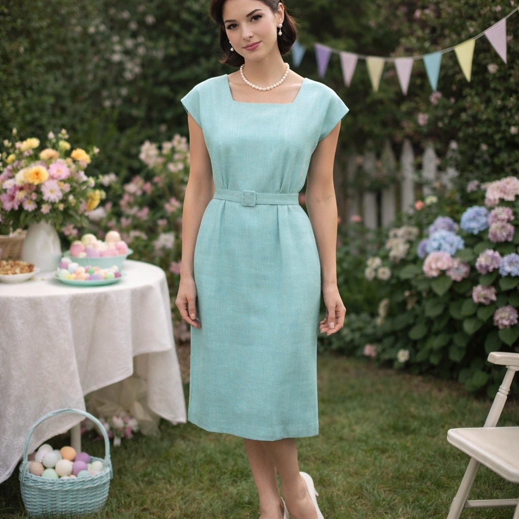 Caron Chicago EUC Vintage 60s Aqua Linen Mad Men Wiggle Dress Belted Sheath USA