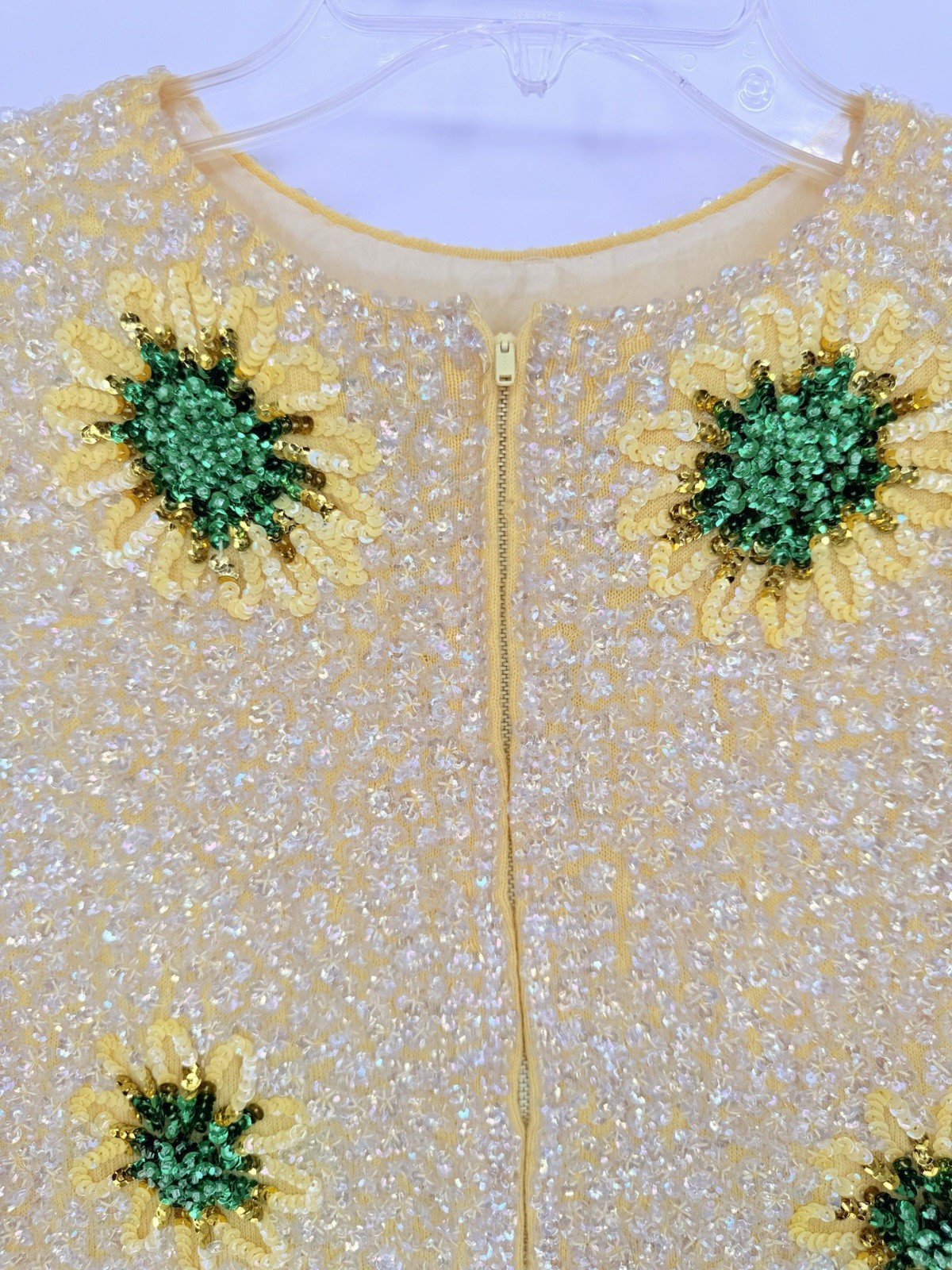 Vintage 60s House of Gold Sequins Floral Wool Sweater Top Yellow Rare 38 Boho